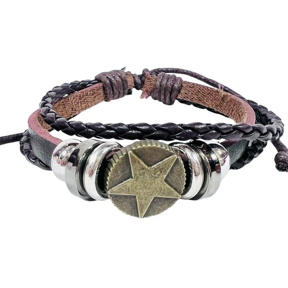 Star Western Braided Beaded Metal Silver Black Bracelet Black Leather New - Picture 2 of 5